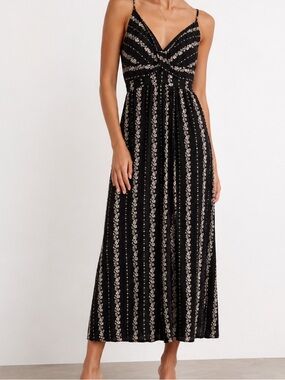 Eclipse Black Maxi Romper with Cream Vertical Floral Stripes